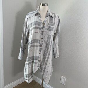 Saga Womens OS Made In Italy 100% Linen Striped Long Shirt Tunic Top Button Back